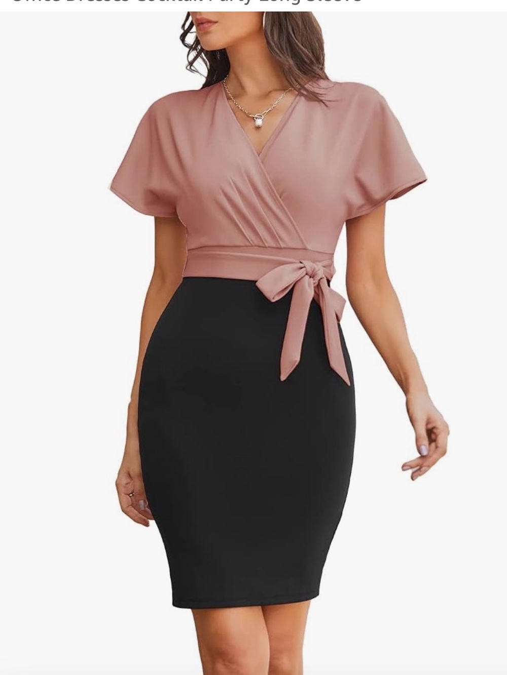 Grace Karin Dusty Rose & Black Wrap Pencil Midi Dress